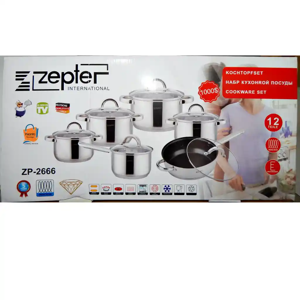 Inox Juego Ollas Zepter 12 Pzas Acero Tapas Vidrio