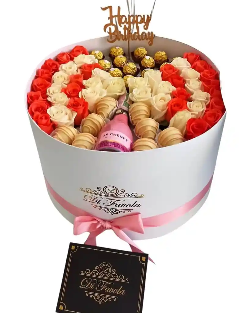 Arreglo En Cilindro Queen. Rosas Fresas Con Chocolate Y Globos