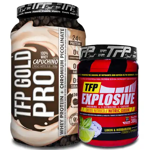 tfp sport kit suplemento Proteina gold pro capuchino + explosive