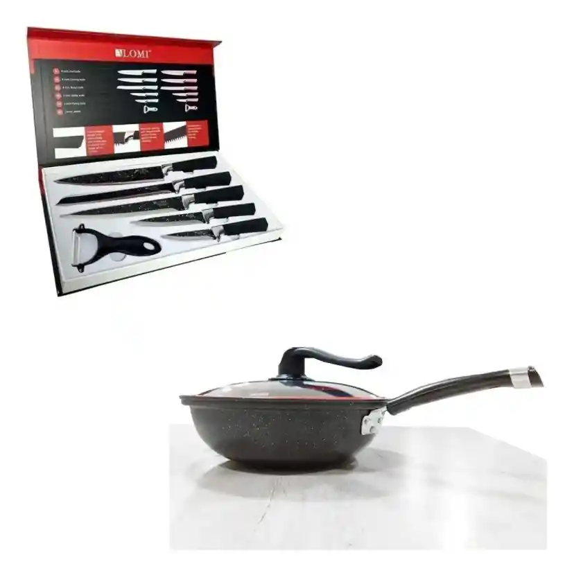 Sarten Wok Antiadherente Volcanico + Set Cuchillos Lomi