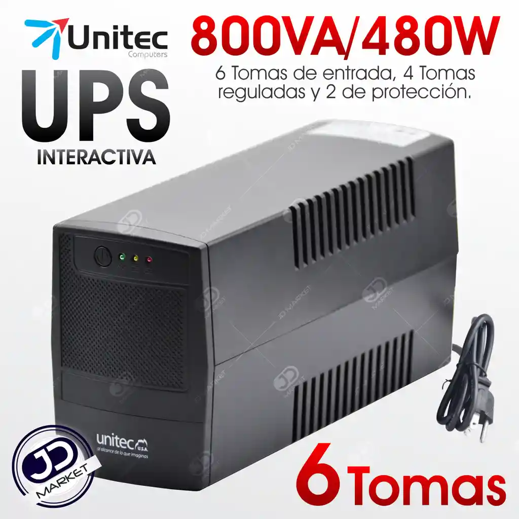 Unitec Ups Interactiva De 800Va/480W Con 6 Tomas (4 Backup)