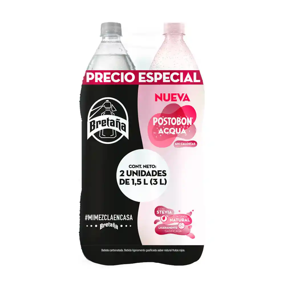 Postobón Gaseosa Acqua Frutos Rojos + Bretaña 3000 mL