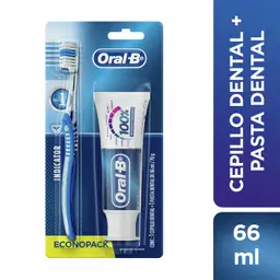 Kit  con Crema Dental Oral-B 100% de Tu boca Cuidada 66ml+Cepillo de Dientes Indicator 1 Unidad