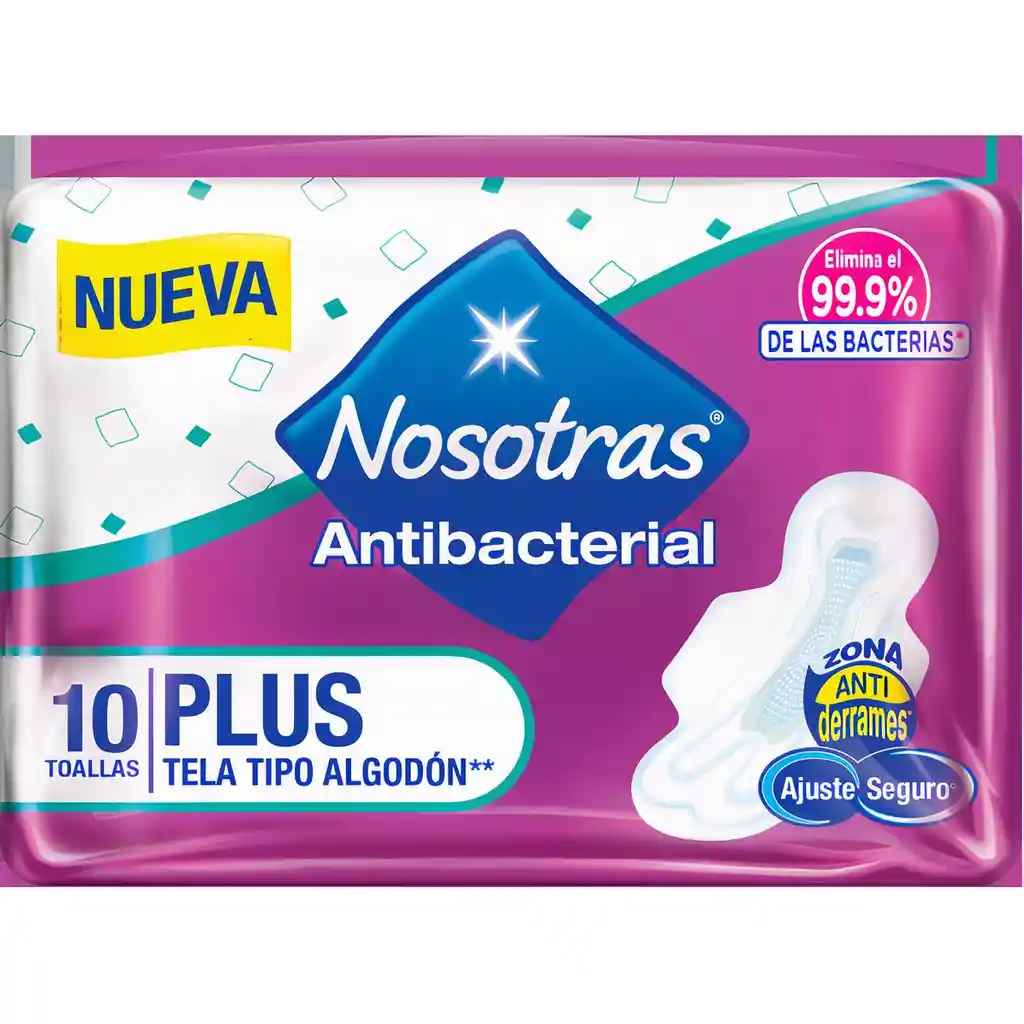 Nosotras Toallas Higiénicas Plus Antibacterial con Alas