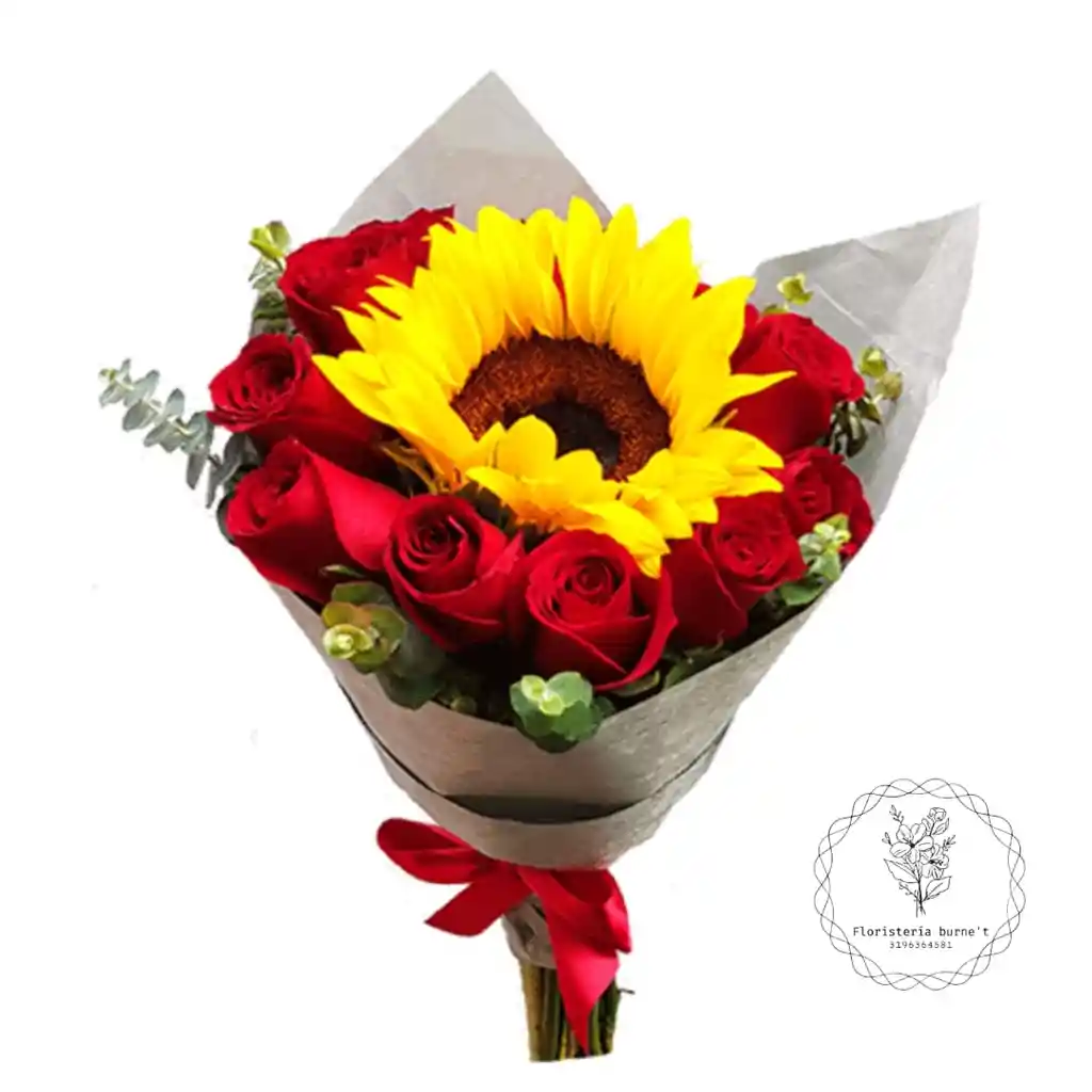 girasol y rosas en ramo