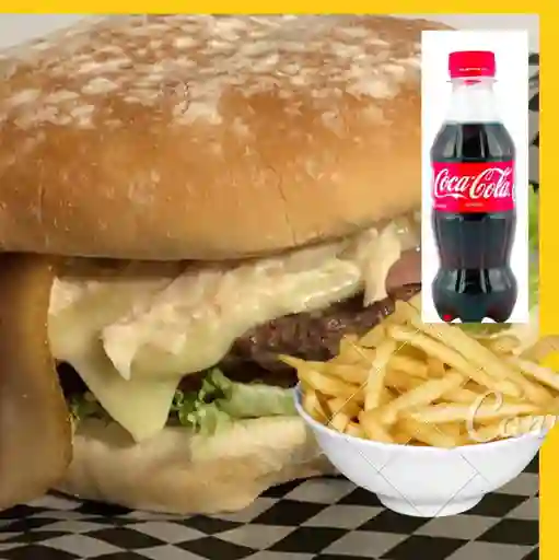 Hamburg Mixta con Pollo Desmechado y Carne con Papas y CocaCola