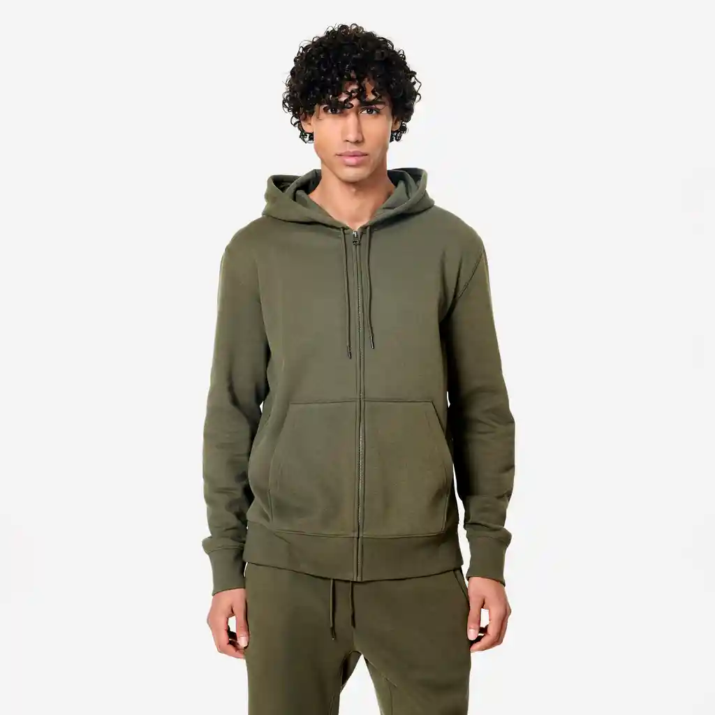 Saco de Fitness Con Cremallera y Capucha Para Hombre Fleece - Verde Caqui