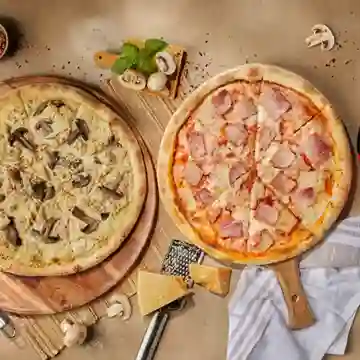 Pizza Hawaiana & Pizza Pollo Champiñon + Coca Cola