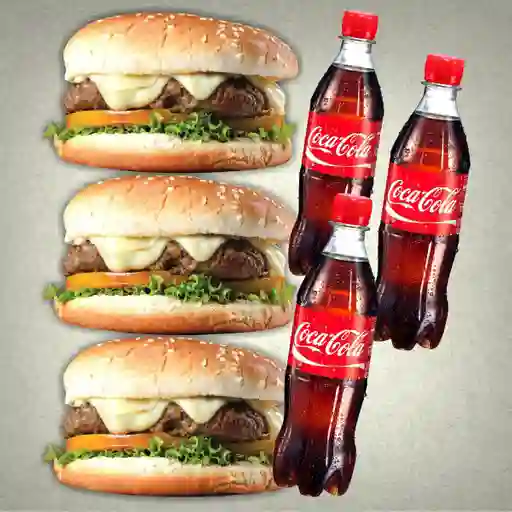 Prom Burguer X 3 + Papas + 3 Bebidas