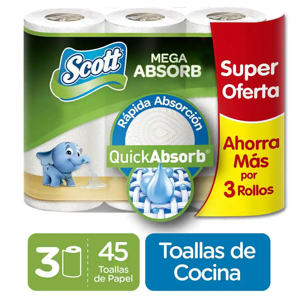 Scott Toalla de Papel Desechable para Cocina Mega Absorb