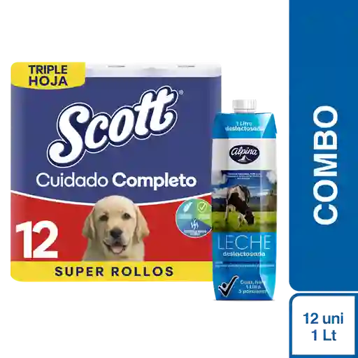 Combo 5 Papel Higiénico Scott Cuidado+ Alpina Leche Deslactosada