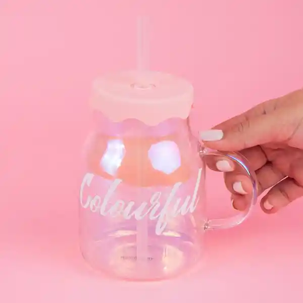 Taza de Vidrio Con Tapa y Pitillo Serie Holográfica Miniso