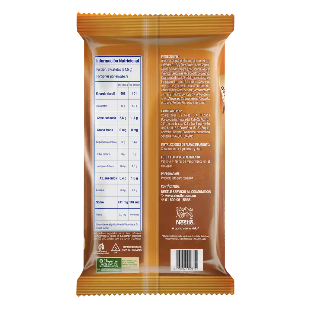 Galletas SALTINAS Integrales 9 Unds x 220,5g