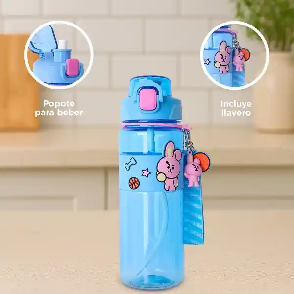 Vaso Plástico Con Correa y Funda Serie Cooky Azul Bt21 Miniso