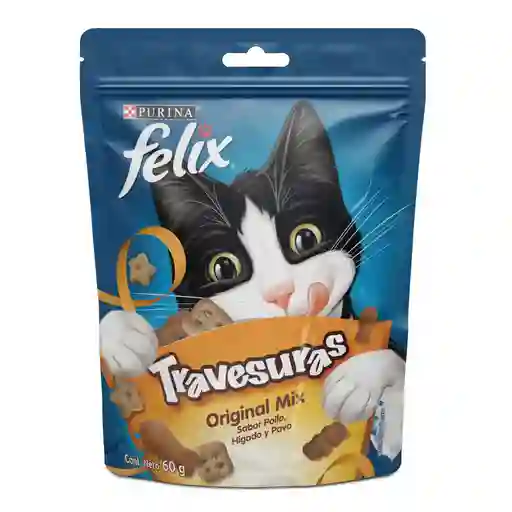 Snack para gatos adultos de todas las razas Purina Felix Travesuras sabor a Pollo, Hígado y Pavo x 60gr
