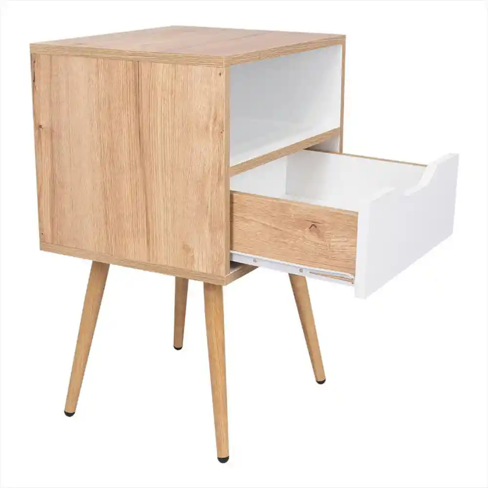 Mesa de Noche Alesio Café Claro y Blanco Con Patas en Madera y Un Cajón