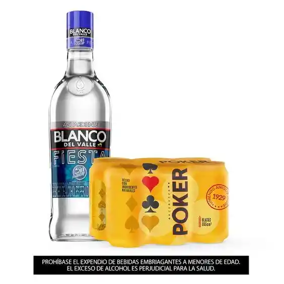 Aguardiente Blanco Del Valle Fiesta 750 Ml + Sixpack Poker Lata 330 Ml