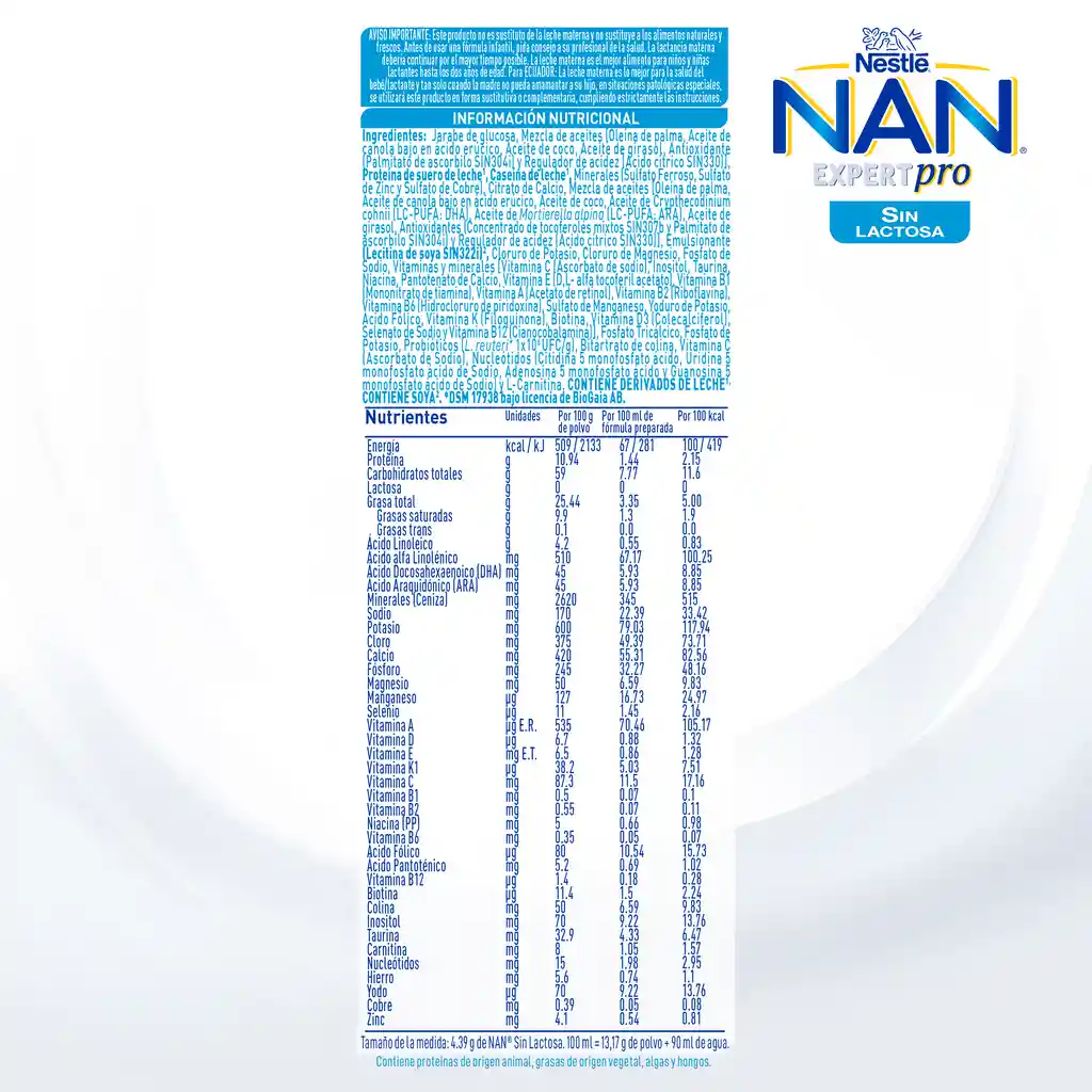 Fórmula infantil NAN EXPERTPRO Sin Lactosa x 400g