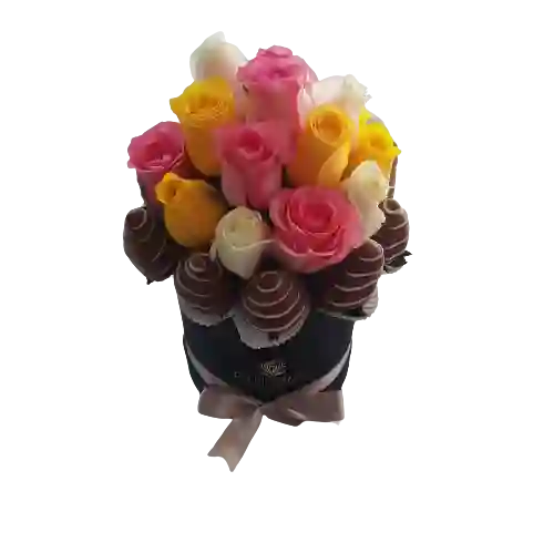 Caja 14 Rosas Mix de Colores + 10 Fresas Tentación Luxury
