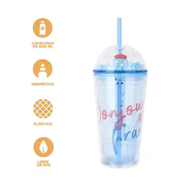 Vaso Plástico Con Pitillo de Serie Mini Family 600 mL Miniso