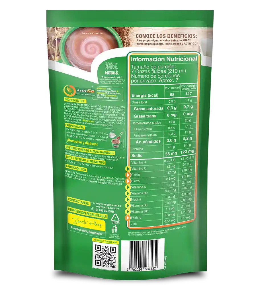 Bebida achocolatada con malta MILO ACTIV-GOx 150g