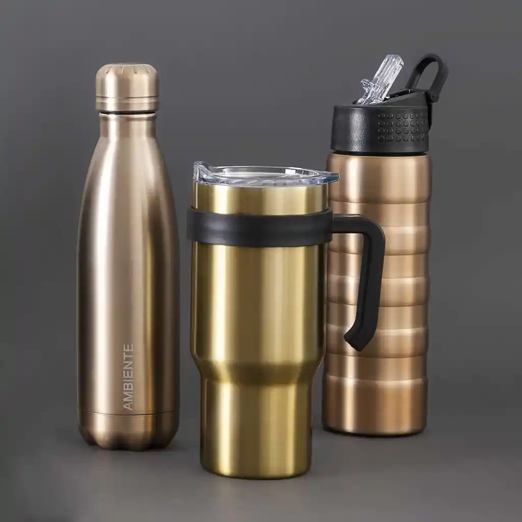 Termo Con Manija Doble Pared Dorado Ambiente Gourmet