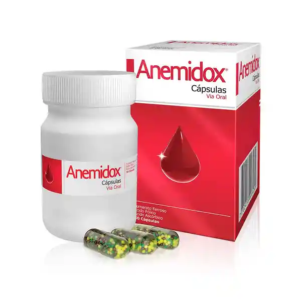 Anemidox tratamiento para la deficiencia de Hierro con Fumarato Ferroso Ácido Fólico y Vitamina C 30 Cápsulas