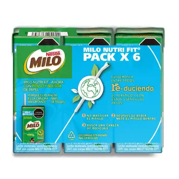 Leche Malteada MILO NUTRI-FIT menos azúcares 6 x 180mL c/u