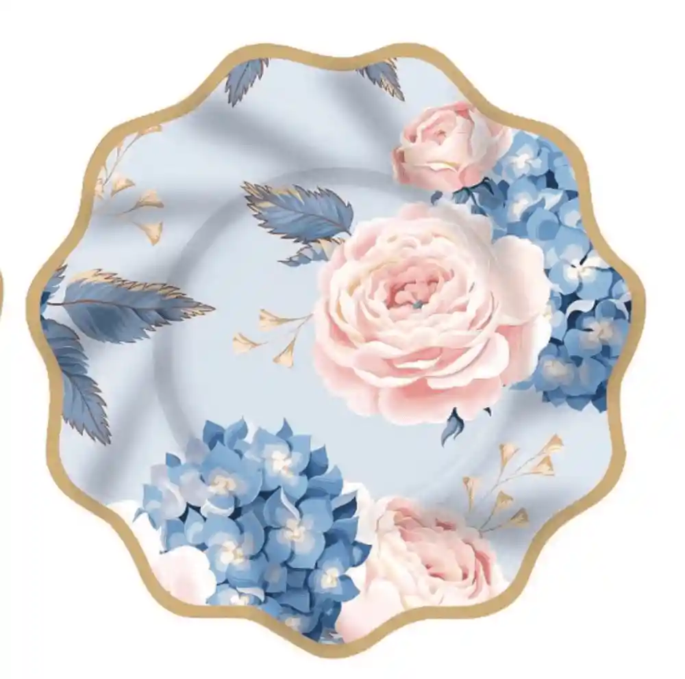 Playmart Flor Azul y Palo Rosa Plato de Papel 7 In -