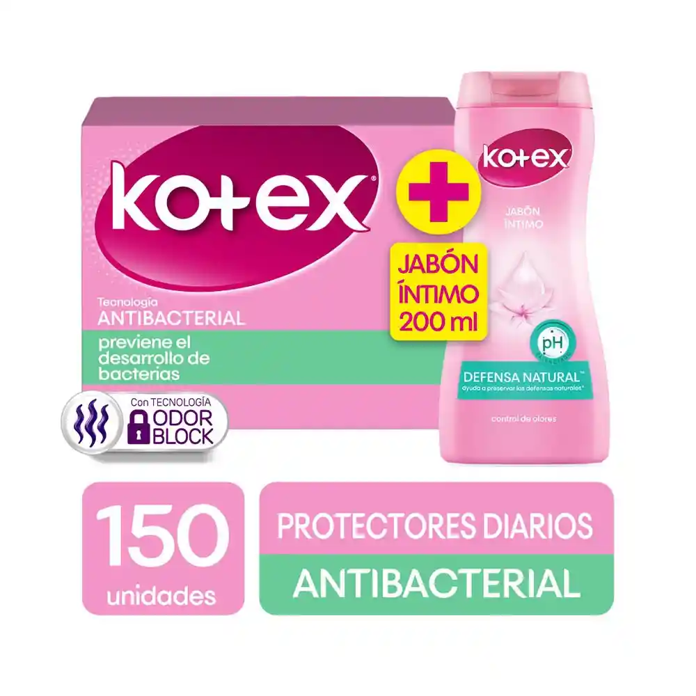 Kotex Protector Diario Antibacterial + Jabón Intimo Defensa Natural