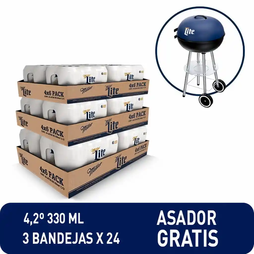 Combo 3 Paca X24 Cerveza Miller Lite Lata 330 Ml + Asador.