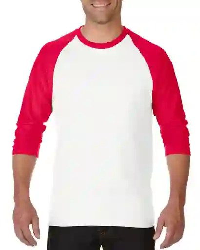 Gildan Camiseta Raglan 3/4 Blanco Manga Roja Talla M