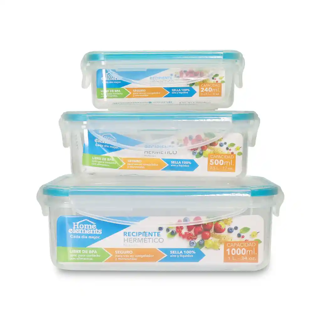 Home Elements set x 3 Recipientes Herméticos Rectangulares