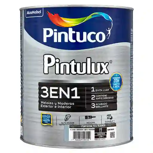 Pintulux Esmalte 3 en 1 Metal Madera Brillante Teu Blanco