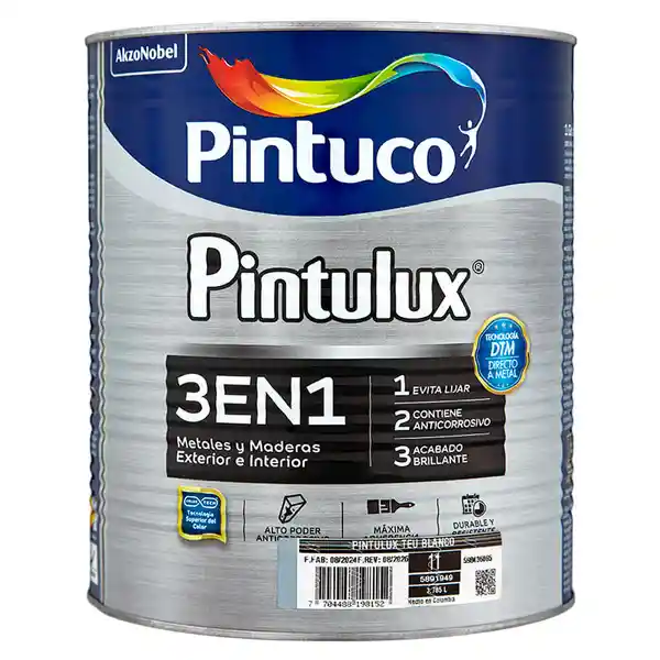 Pintulux Esmalte 3 en 1 Metal Madera Brillante Teu Blanco