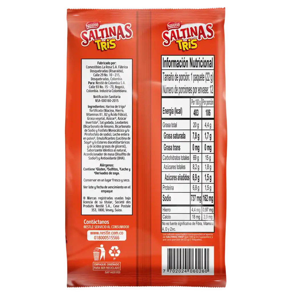 Galletas SALTINAS TRIS tipo cracker 12 Unds x 264g