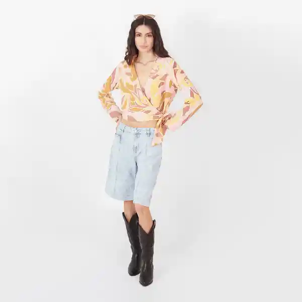 Blusa Cuello V Manga Larga Con Lazo Multicolor Talla S 694605