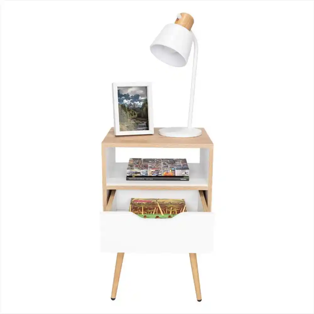 Mesa de Noche Alesio Café Claro y Blanco Con Patas en Madera y Un Cajón