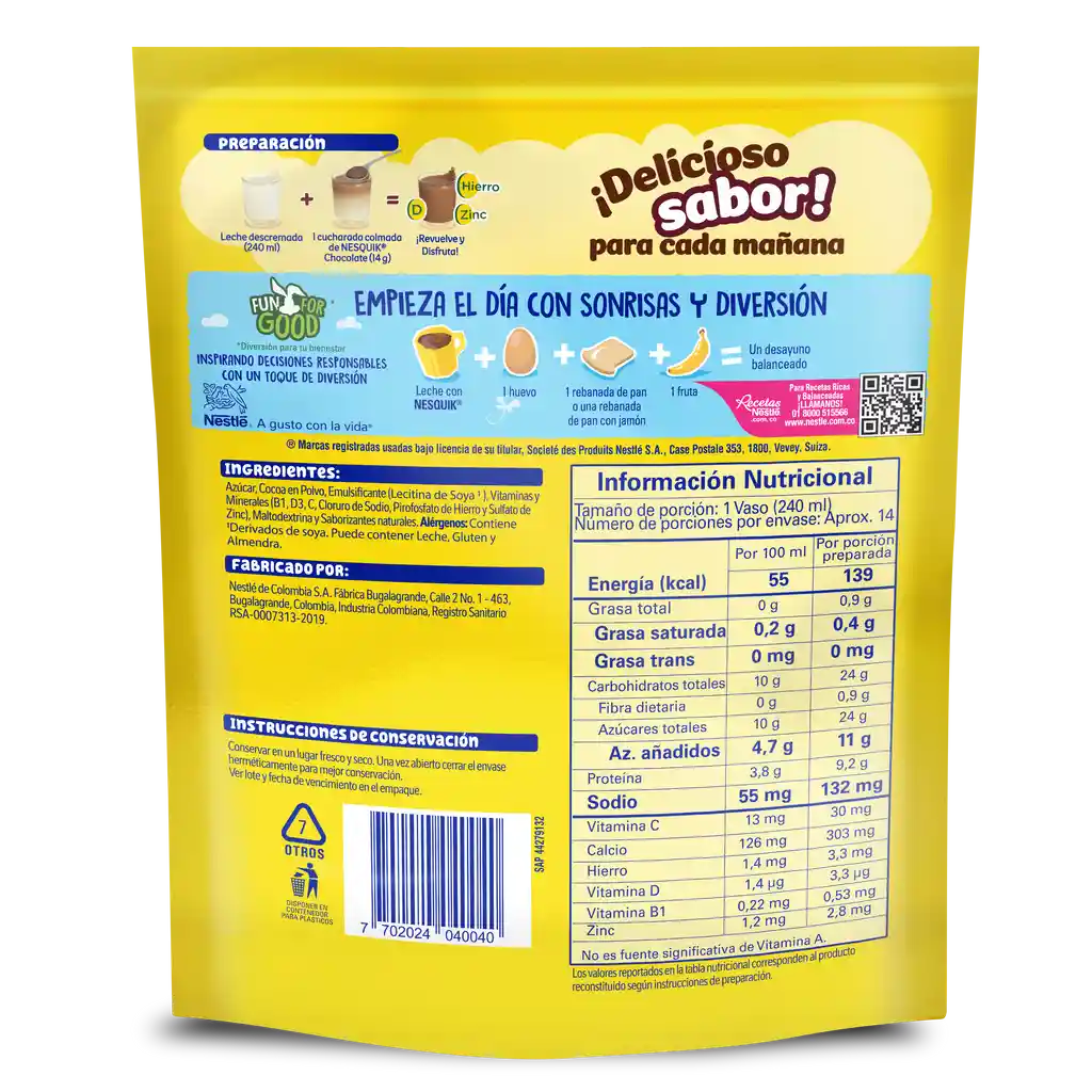 Bebida en polvo NESQUIK sabor a chocolate x 200g