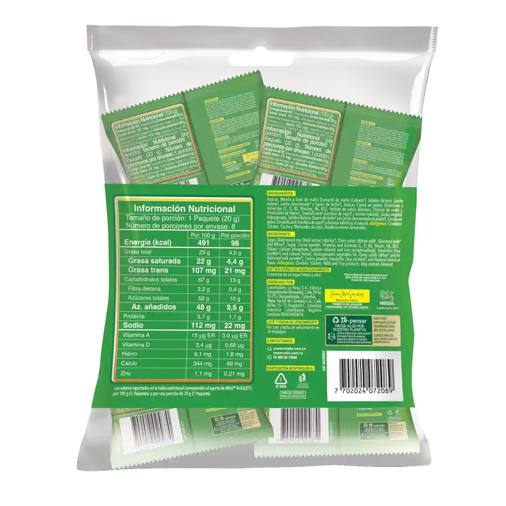 MILO NUGGETS cubiertos con sabor a chocolate 8 Unds x 160g