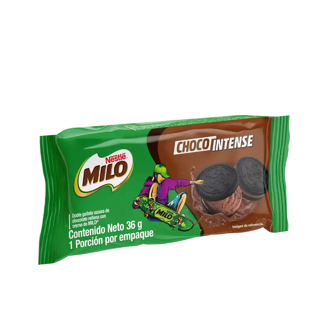 MILO Choco Intense galleta de chocolate rellena con crema de Milo x 36g