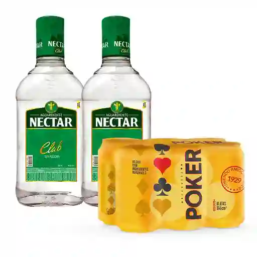 2 Aguardiente Nectar Verde 375 + Six Pack Poker Lata 330