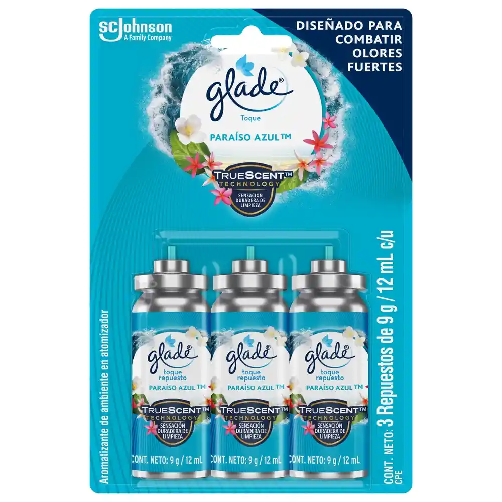 Glade Aromatizante Toque Paraíso Azul  3 repuestos, 27g.