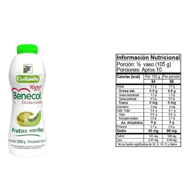 Yogur Benecol Deslactosado Frutos Verdes x 1000 g