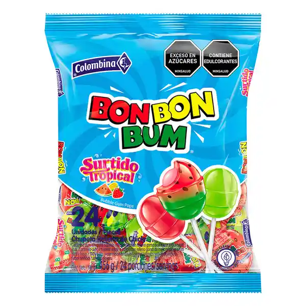  Bon Bon Bum Chupeta Rellena de Chicle Surtido Tropical por 24 und