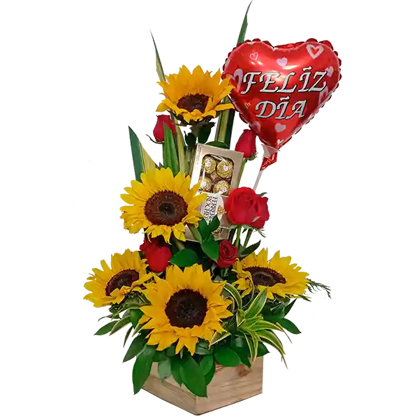 Chocolates Arreglo Floral Base Madera Con Girasoles Y