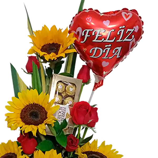 Chocolates Arreglo Floral Base Madera Con Girasoles Y