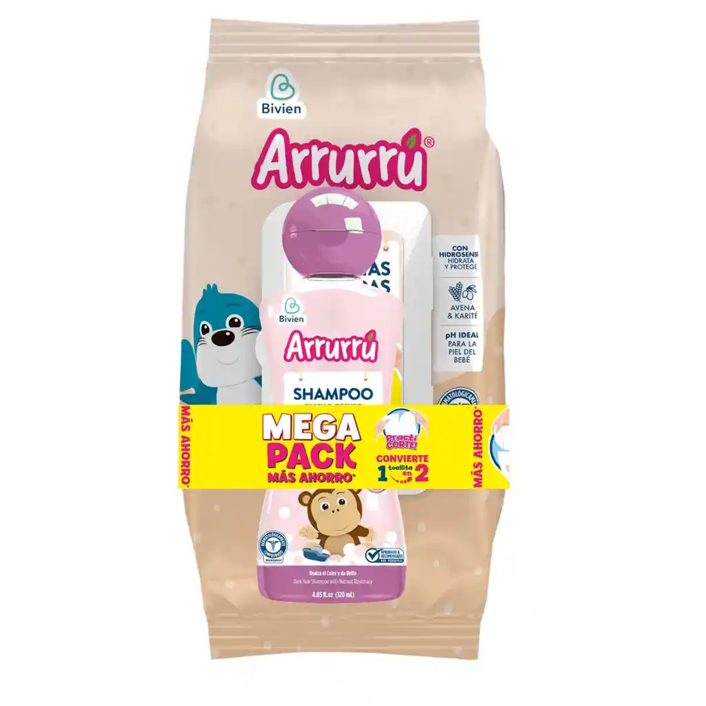 Toallas Humedas Arrurru Avena X + Shampoo Arrurru Cabello Oscuro X 120 Ml Mega Pack