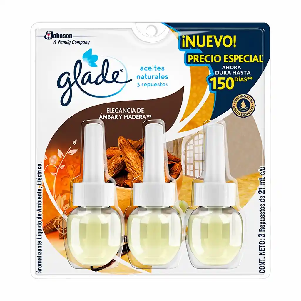 Glade ambientador aceites naturales ambar y madera 3 repuestos