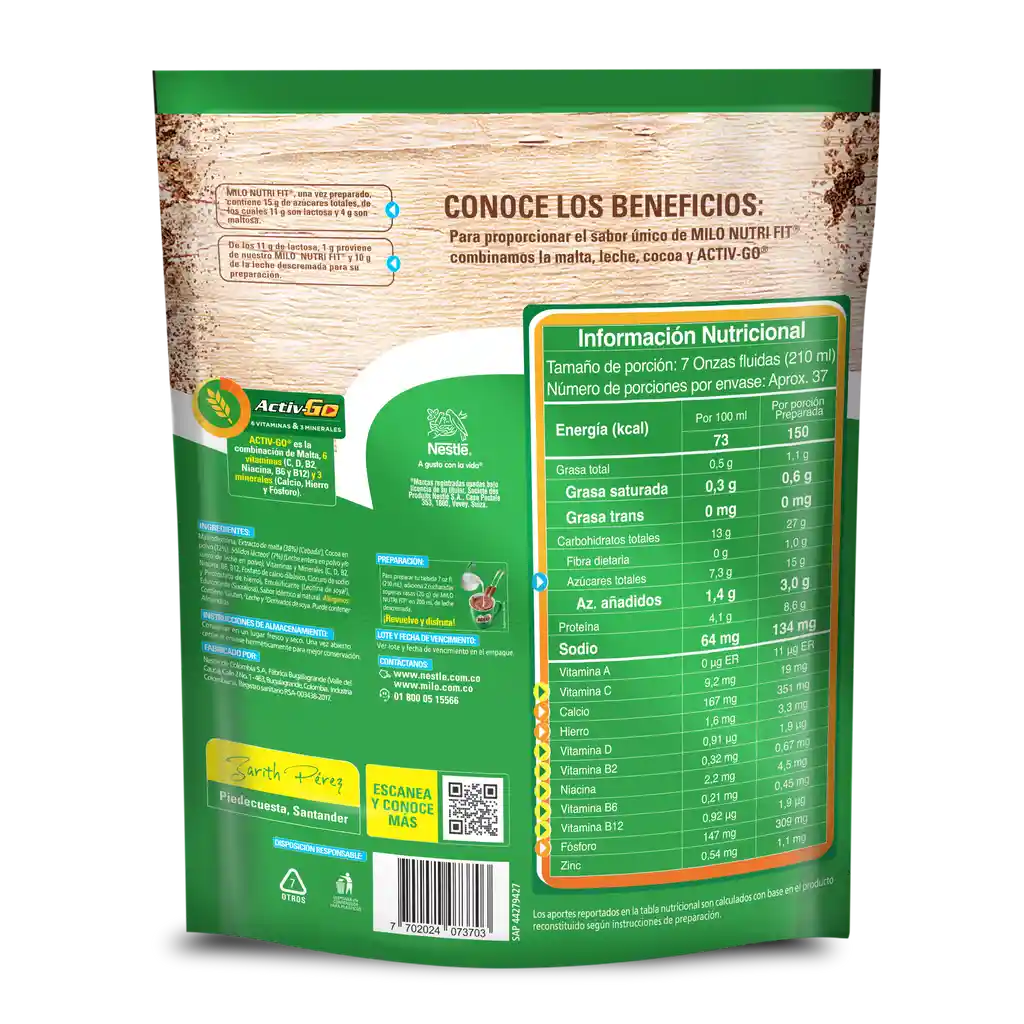 Bebida achocolatada con malta MILO NUTRIFIT menos azucares* x 750g